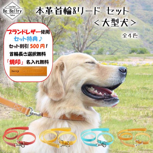 犬 首輪&amp;リード 大型犬 セット 本革 幅25mm 赤 青 黄 キャメル色 首回り〜60cm対応 余...