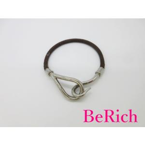 エルメス HERMES ジャンボ ブレス シルバー 茶 ブラウン ブレスレット レザー メタル ロゴ...