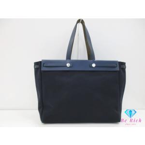 エルメス HERMES ハンドバッグ エールバッグ カバス GM □F 刻印 紺 キャンバス レザー...