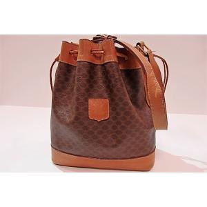 セリーヌ CELINE 巾着型 ショルダーバッグ M12 マカダム ブラウン 茶 PVC レザー ハ...