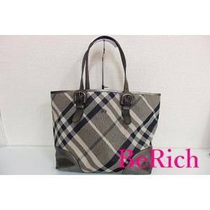 バーバリー BURBERRY トートバッグ グレー チェック キャンバス レザー ロゴ ショルダーバ...