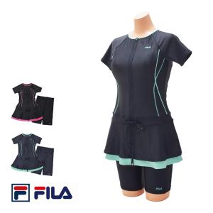 送料無料 FILA フィラ フィットネス水着 レディース チュニック丈 半袖 めくれ防止 体型カバー ハイウエスト 上下セット スイムウェア 314603 9M 11L 13L｜Beach Angel