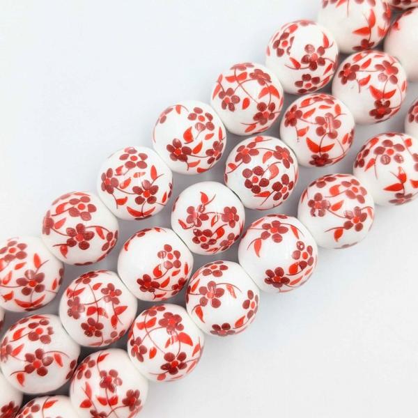 陶器ビーズ 花柄 プリント レッド 約12mm 1連 約16玉 ハンドメイド素材 フラワー 赤 陶磁...