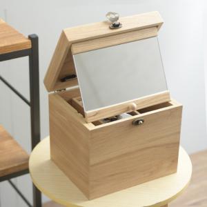 木製 メイクボックス コスメティック 鏡 ナチュラルウッド 横型 コスメボックス ワイドミラー 【ラッピング対応】｜beadsmania-shop