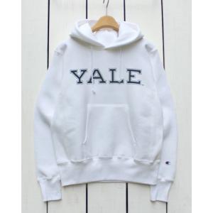 Champion  チャンピオン リバースウィーブ プルパーカー YALE 010 ホワイト 白 USA製 REVERSE WEAVE 12.5oz Pullover Hoodie Sweat White 染込みプリント｜beardstore