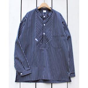 Modas モダス フィッシャーマンシャツ ネイビー ホワイト ストライプ Fisherman Shirts Navy White Stripe 長袖 バンドカラー プルオーバー 胸ポケット｜beardstore