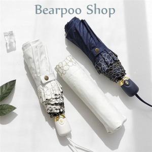 【自動開閉折り畳み傘】晴雨兼用 3段折りたたみ傘 ワンタッチ収納 刺繍のふち 日傘 UVカット 軽量 折り畳み 耐風傘
