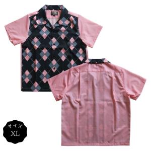 オープンシャツ ロカビリーファッション ブランド メンズ 半袖 ダイヤ パネルプリントシャツ ピンク サイズXL｜beatswing