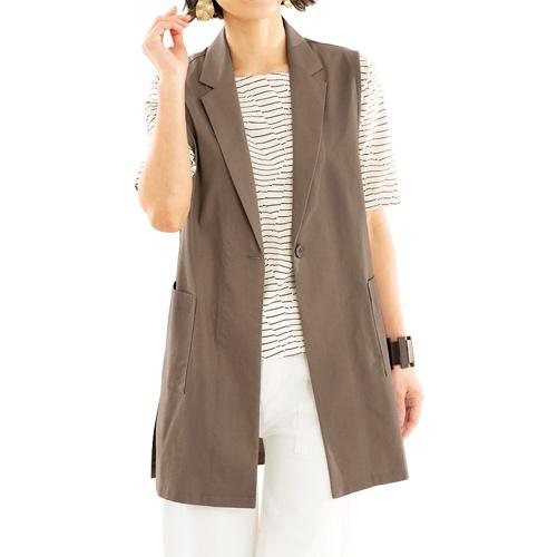 麻混テーラードジレ ベスト 前開き レディース 婦人服 ミセス シニア 女性 ブラウン シンプル 襟...