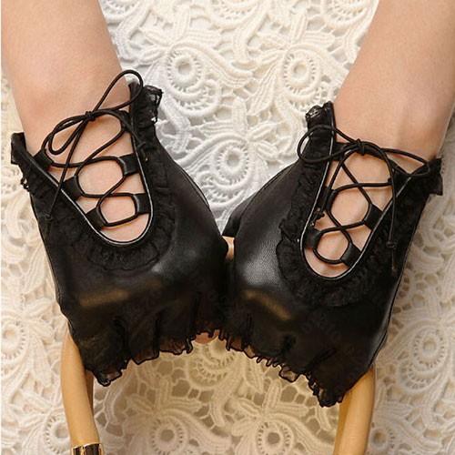 レース 紐 指先 なし シンプル 手袋 グローブ 紐調整 留め 合皮 レザー ダンス パーティー イ...