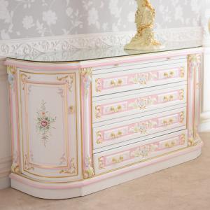 じ*ん様 ロココ調クリーム色花柄装飾が施された木製キャビネットガラス天板収納スペ じ*ん様 ロココ調クリーム色花柄装飾が施された木製