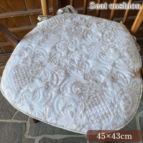 シートクッション 45×43cm 座面用 ひも付き キルト ホワイトキルト ベージュ 布製 アンティ...