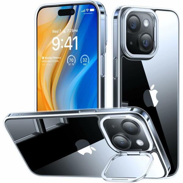TORRAS iPhone 15 用 ケース 強化ガラス カメラスタンド 透明 黄変防止 9H硬度 ...