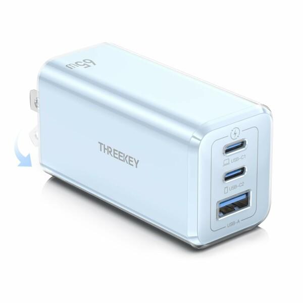 THREEKEY USB-C充電器 65W PD急速充電 3ポート搭載 GaN 窒化ガリウム素材使い...