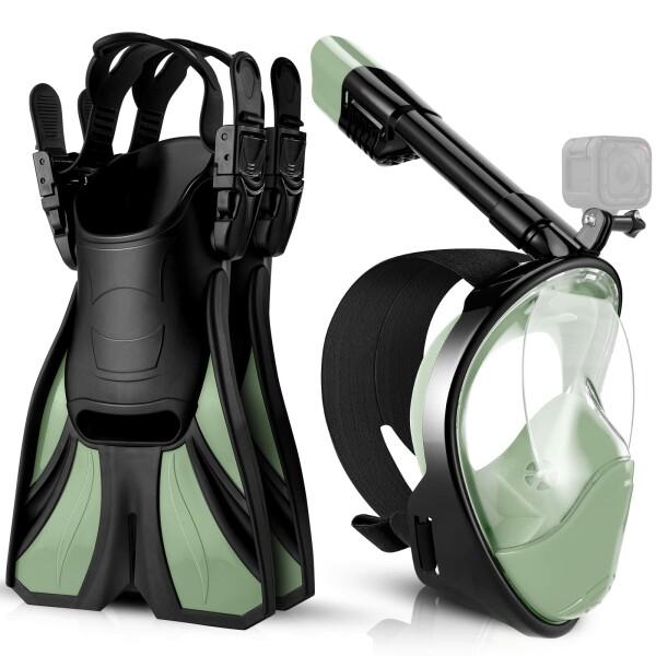 Odoland シュノーケルセット フルフェイス型 ダイビングマスク+調整可能フィン+収納袋付き 1...