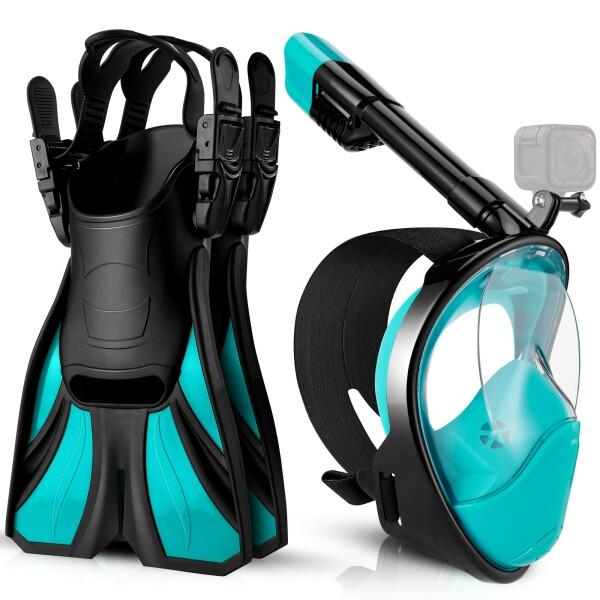 Odoland シュノーケルセット フルフェイス型 ダイビングマスク+調整可能フィン+収納袋付き