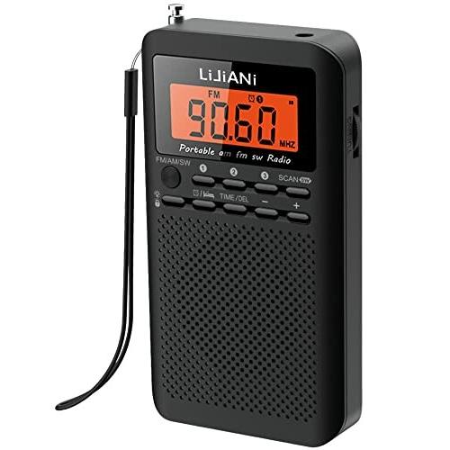 小型携帯ラジオFM/AM/SW,単三電池2本使用,夜間でも使えるバックライト付きボタン,デジタル時計...