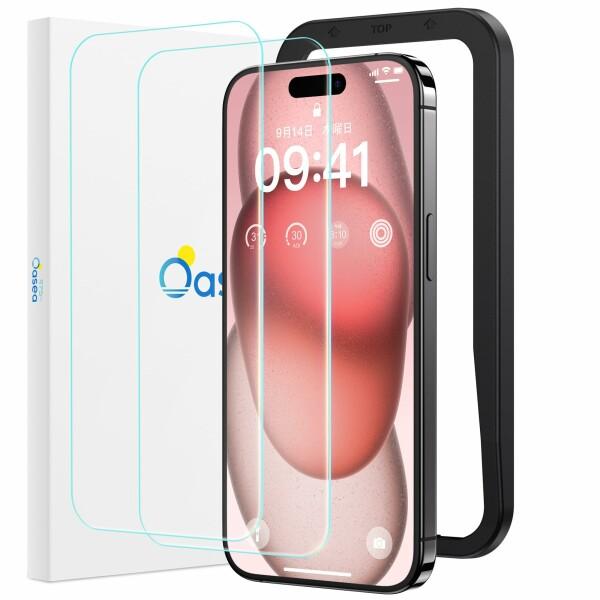 Oasea ガラスフィルム iPhone15 用 強化ガラス 保護フィルム ガイド枠付き 自動吸着 ...