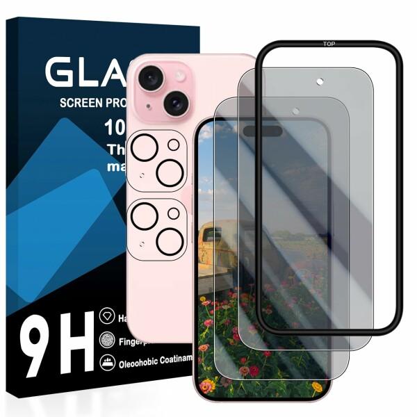 2枚覗き見防止フィルム+2枚レンズ保護+ガイド枠対応 iphone 15 plus ガラスフィルム ...