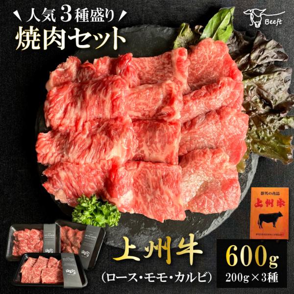 牛肉 焼肉セット 人気の3種盛り合わせ 合計600g 上州牛 ロース カルビ モモ 焼肉用 高級国産...