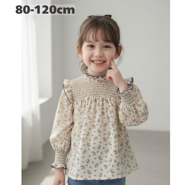 フリルネック 花柄 ブラウス チュニック ワンピース Aライン キッズ ジュニア 女の子 90cm ...