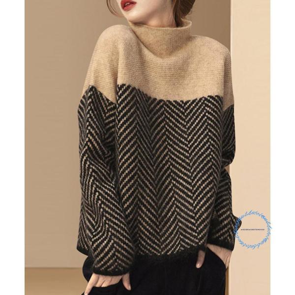 配色ニットトップス プチハイネック 秋冬