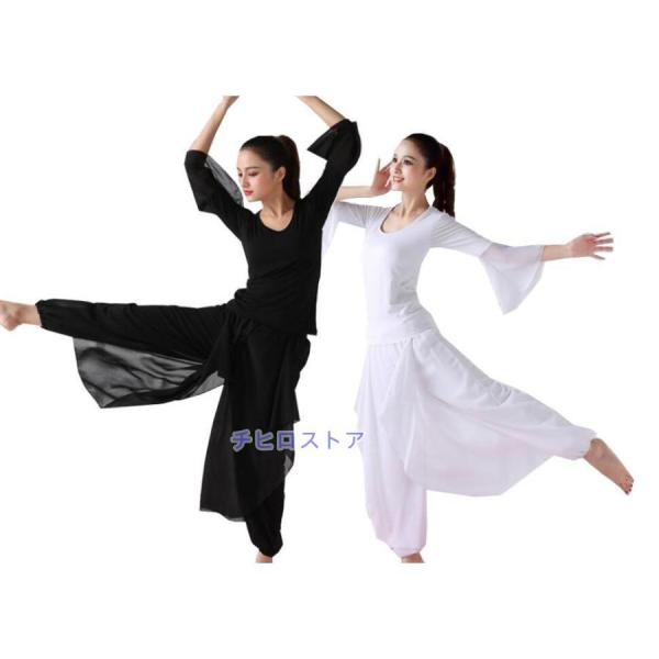 ヨガウエア　レディース古典ダンス衣装上下セットアップ　フレアラパ袖ブラウス＋シフォンガウチョパンツ　...