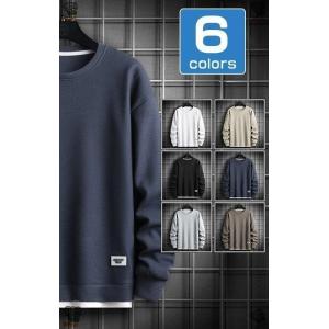 ワッフル トレーナー メンズ 重ね着風 スウェット ワッフル編み クルーネック オーバーサイズ 長袖...