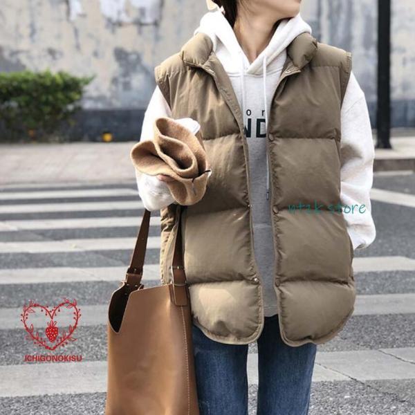 ベスト 中綿ベスト ハイネック ボタン ハイネック 無地 体型カバー スッキリ 重ね着 着回し ノー...