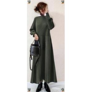 ニットワンピース ロングワンピース マキシ丈 長袖 Aライン 着痩せ プリーツ インナー 体型カバー...