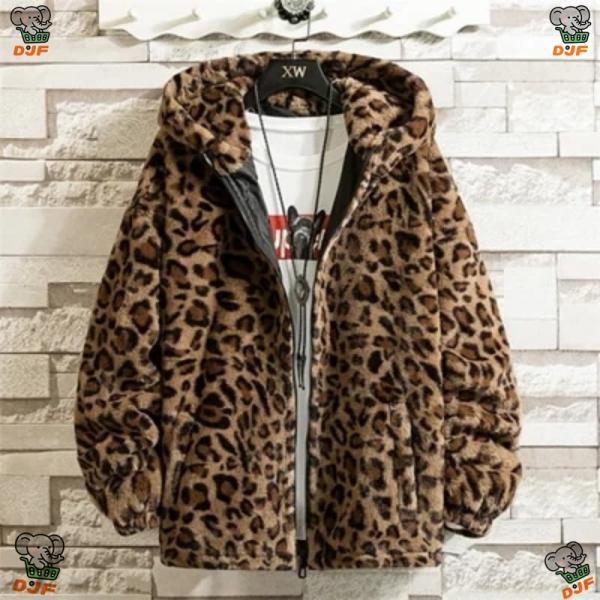 【】上品 ヒョウ柄 ジャケット 暖かい 人工ファー フードつきジャケット 男女兼用 豹柄 スウェット...