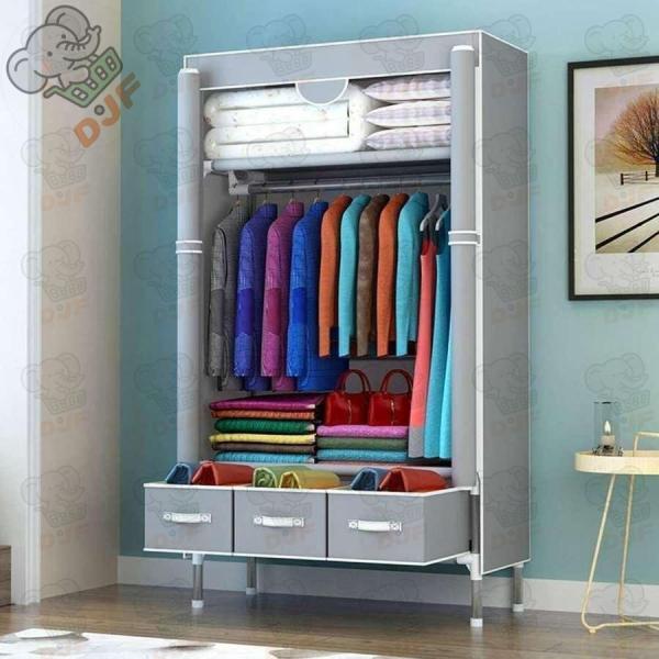 ワードローブ大容量カバー付きクローゼットハンガーラック3つの引き出し整理タンス衣類収納組み立て式工具...
