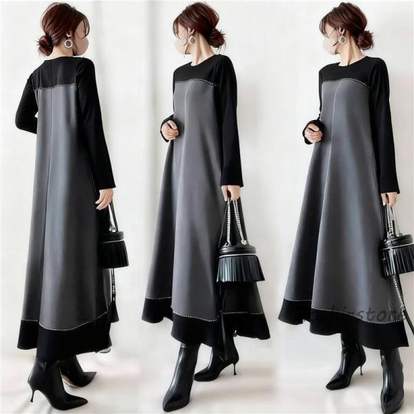 ワンピースレディース秋冬 バイカラーワンピース 秋物 大人きれいめ 40代50代60代 ミモレ丈ワン...