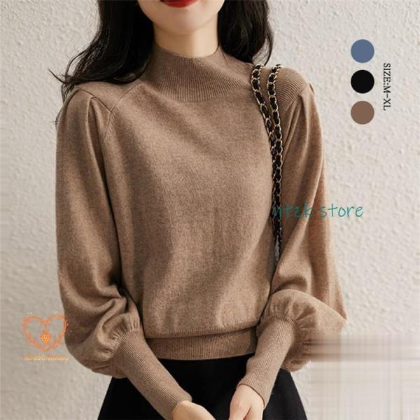 ニットセーター 長袖 ブラウス トップス プルオーバー ショートセーター レディース 無地 プチハイ...