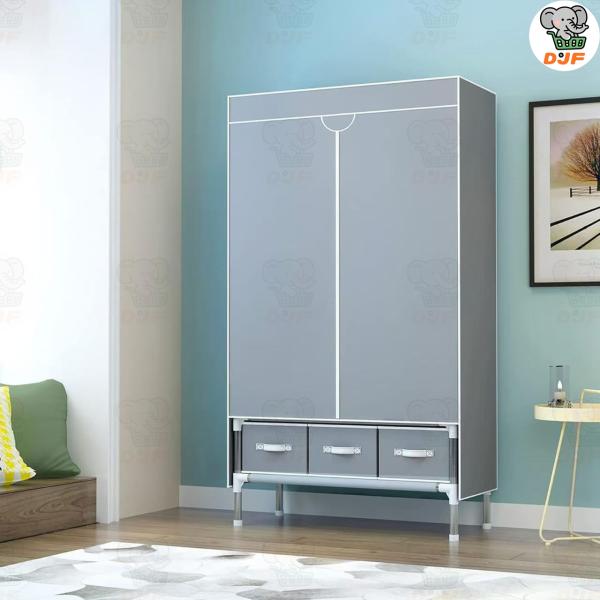 ワードローブ大容量カバー付きクローゼットハンガーラック3つの引き出し整理タンス衣類収納組み立て式工具...