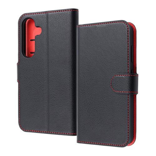 Galaxy S25用 手帳型レザーケース ブラック×レッド 耐衝撃 マグネットベルト シンプル L...