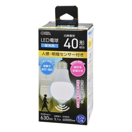 LED電球 E26 40形相当 人感明暗センサー付き 昼光色 オーム電機 LDA5D-G R52