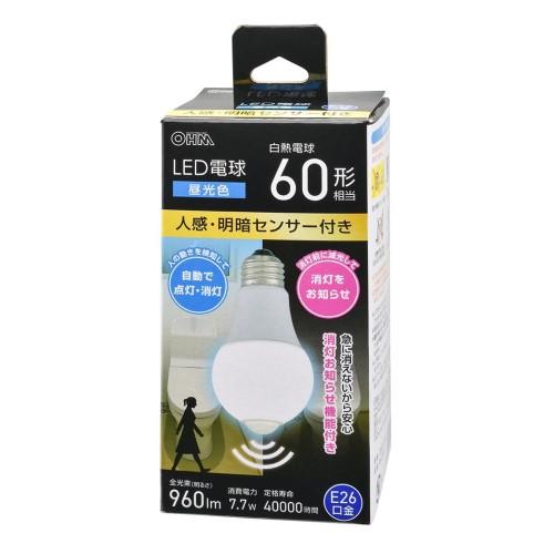LED電球 E26 60形相当 人感明暗センサー付き 昼光色 オーム電機 LDA8D-G R52
