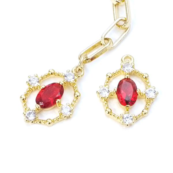 【1個】豪華に輝くルビー＆クリスタルカラーCZ付き繊細なオーバル形ゴールドペンダント、チャーム NF