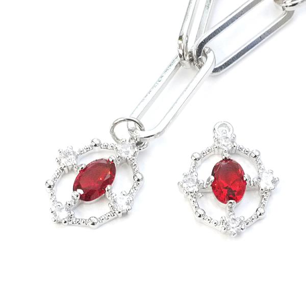 【1個】豪華に輝くルビー＆クリスタルカラーCZ付き繊細なオーバル形シルバーペンダント、チャーム NF