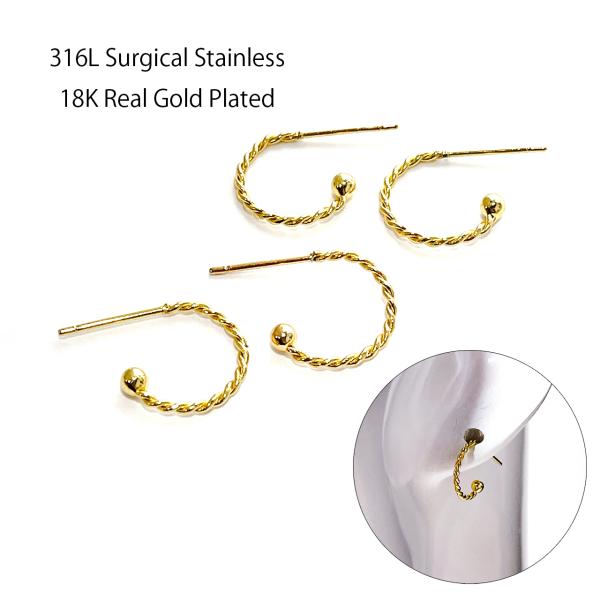 ese67【6個/3ペア】華奢 ツイスト 約13mm 18KGP フープピアス金具 サージカルステン...