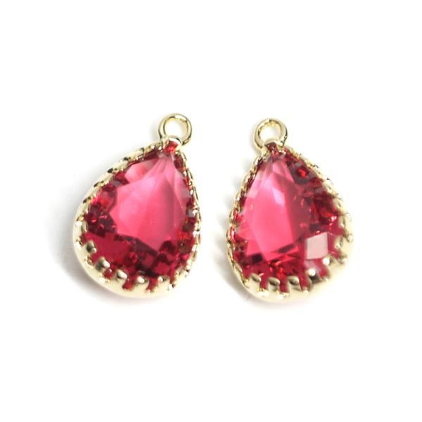【2個入り】ルビーカラー約14mm繊細なしずく形Glassゴールドチャーム NF