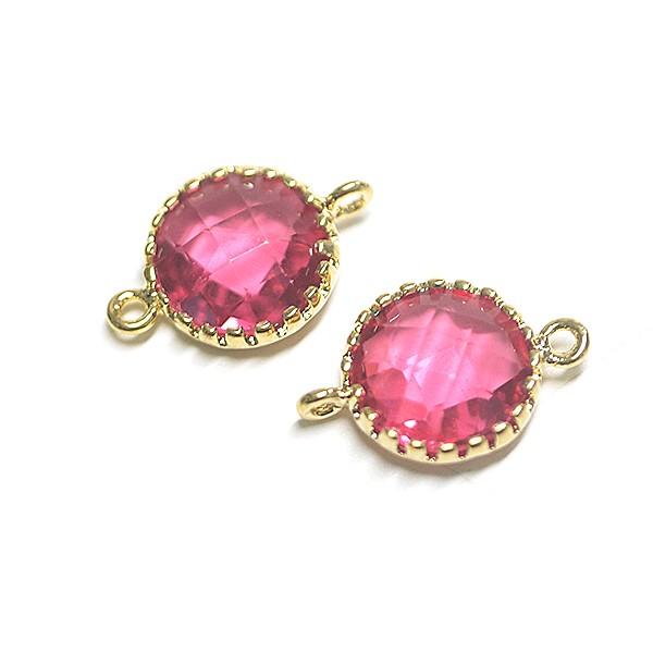 【2個入り】ルビーカラー円形両カン付きゴールドチャーム、パーツ
