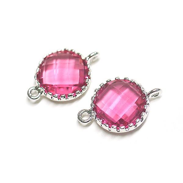 【2個入り】ルビーカラー円形両カン付きシルバーチャーム、パーツ