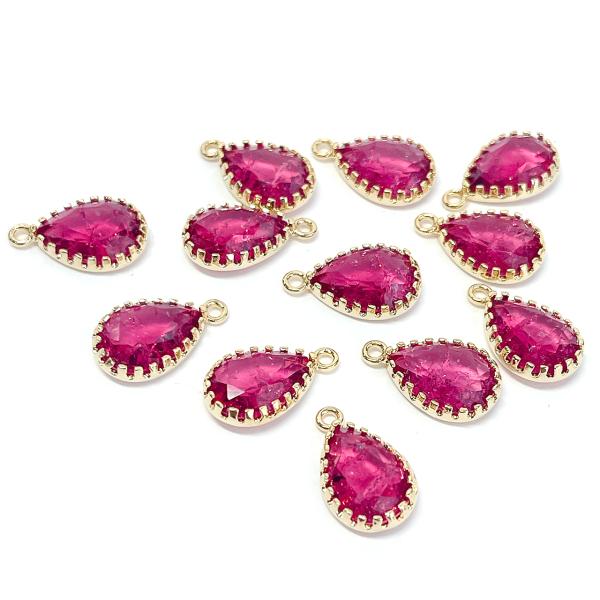 p526rock【2個入り】ルビーカラー しずく形 ROCK ガラス ゴールドチャーム