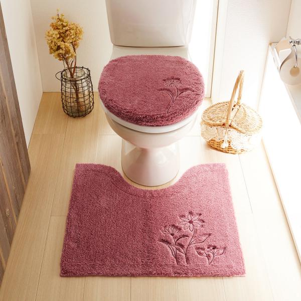 トイレマット 刺繍 洗える すべりにくい お花 上品 レッド 標準マット＆O Uフタカバーセット