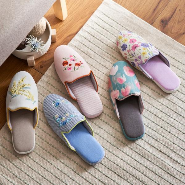 スリッパ ルームシューズ 室内履き レディース 洗える フラワー柄 刺繍 プリント おしゃれ 配色パ...