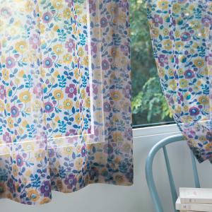 mini labo ミニラボ 透け感素材のプリントボイルカーテン＜2枚組＞／ナスタチウムのダンス 約100×176×2枚 約100×183×2枚