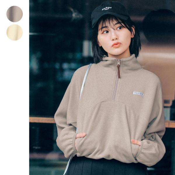 レザータッチタブ付きハーフジップあったか裏側綿フリースドロストショート丈プルオーバー J-XXS（1...