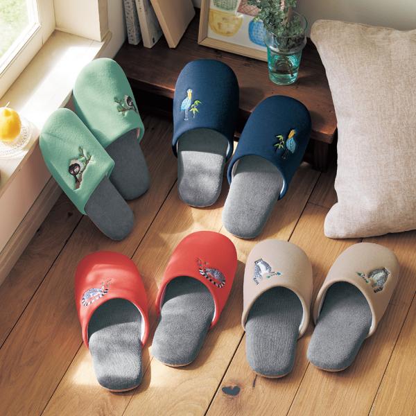 スリッパ 室内履き ルームシューズ ユニセックス 来客用 家族用 洗える 刺繍 アニマルデザイン オ...